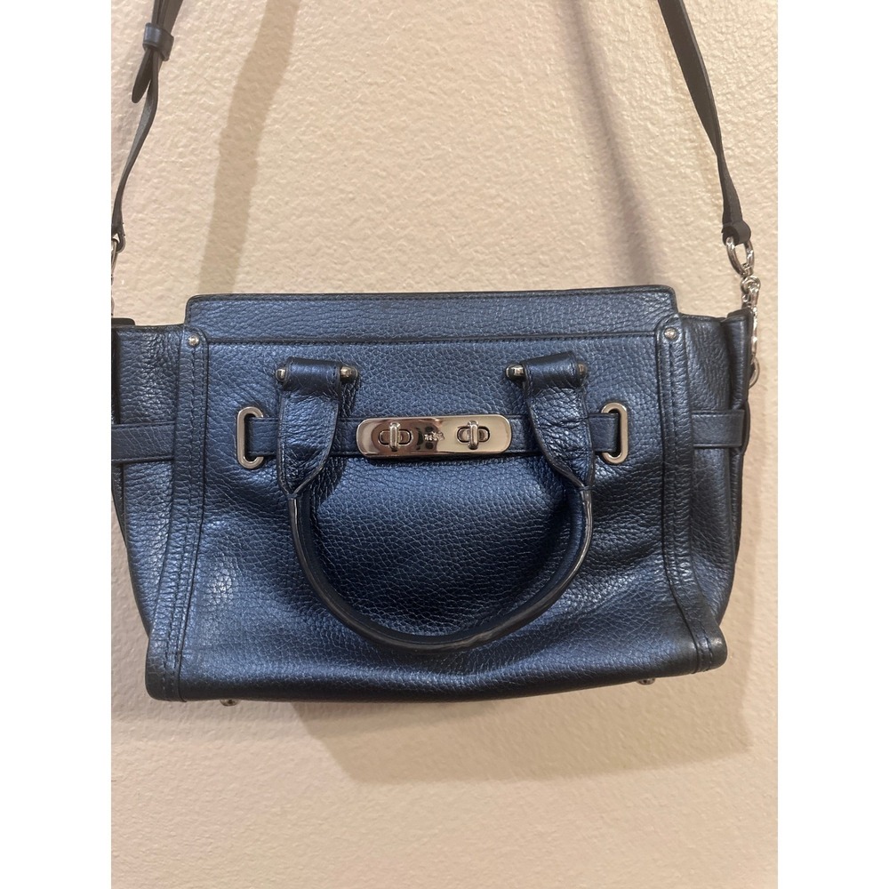 VINTAGE Coach Navy Leather Satchel Handbag Shoulder Bag Silver Tone Hardware